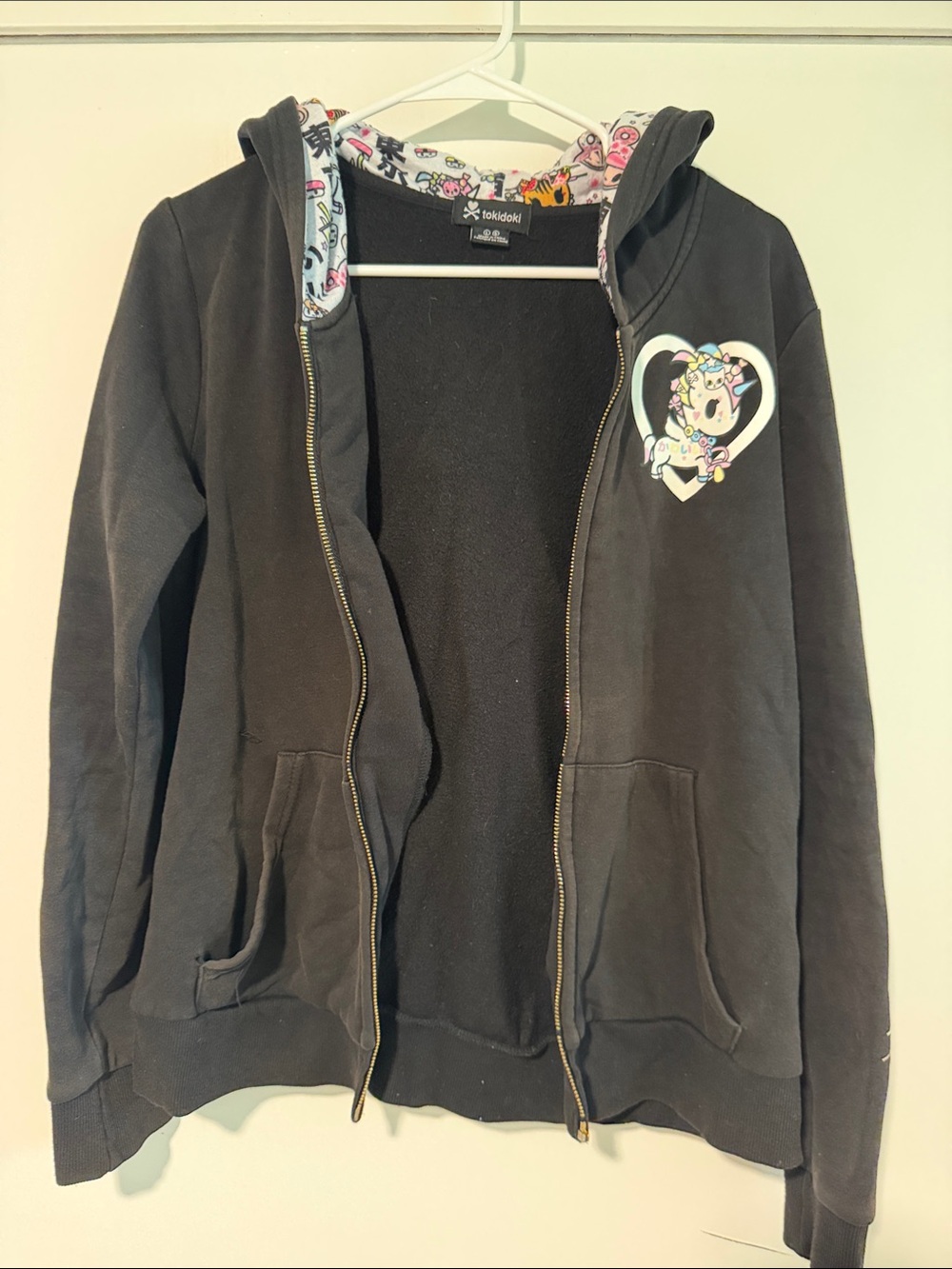 Tokidoki Vintage Black Zip-Up Hoodie with Character Heart Patch Large